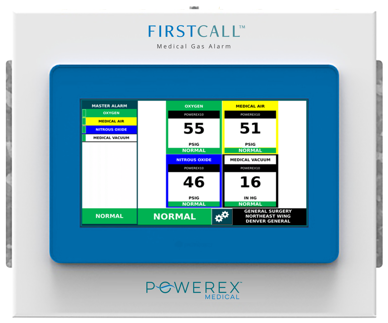 Combination Alarm Panel with 10” screen and the gases: Oxygen, Medical Air, Nitrous Oxide, Medical Vacuum